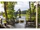 Beautiful back deck with outdoor seating overlooking a calm lake and featuring lush greenery at 3800 Schooner Rdg, Alpharetta, GA 30005