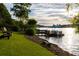 Beautiful lake view featuring a private dock with a boat, surrounded by lush greenery and a peaceful lawn at 3800 Schooner Rdg, Alpharetta, GA 30005
