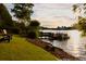Tranquil waterfront setting with seating and boat dock at 3800 Schooner Rdg, Alpharetta, GA 30005
