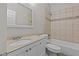 This bathroom features modern tile work on the shower and neutral countertops at 2990 Hearthstone Dr, Cumming, GA 30041