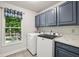 Laundry room with modern appliances, blue cabinets, and a view to the backyard at 110 Westchester Way, Alpharetta, GA 30005