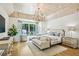 Spacious bedroom with vaulted ceiling, chandelier, hardwood floors, and access to the backyard at 3379 Rennes Ne Dr, Brookhaven, GA 30319