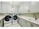 Well-equipped laundry room with modern washer and dryer, custom cabinets, and stylish backsplash at 3379 Rennes Ne Dr, Brookhaven, GA 30319