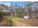 Scenic backyard with mature trees, a storage shed, and lush green lawn at 4150 E Chapel Hill Rd, Douglasville, GA 30135
