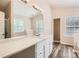 Bathroom featuring double sinks, a large mirror, and wood-look floors at 1070 Evergreen Oak Way, Dacula, GA 30019