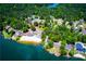 Aerial view of lakefront properties with sandy beaches, docks and lush greenery at 8088 Lakeview Pkwy, Villa Rica, GA 30180