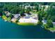 High aerial view showcases a sandy beach, boat docks, lakefront homes and a beachside parking lot at 8088 Lakeview Pkwy, Villa Rica, GA 30180