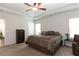 Spacious main bedroom featuring a tray ceiling, plush carpet, and coordinated bedding for a relaxing retreat at 103 Prominence Ct, Canton, GA 30114