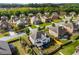 Wide aerial showing a residence with a backyard play area in a neighborhood surrounded by mature trees at 1520 Gallant Fox Ln, Suwanee, GA 30024