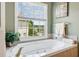 Bathroom featuring an oval bathtub with jets and a window that overlooks the lake at 2045 Calmwater Ct, Suwanee, GA 30024
