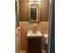 Small bathroom features a pedestal sink, a rectangular mirror, and wallpaper at 2226 Medfield Ne Trl, Atlanta, GA 30345