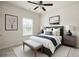 This bedroom has soft carpet, neutral tones, a ceiling fan, and window bringing in natural light at 131 Prominence Ct, Canton, GA 30114