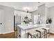 Bright kitchen featuring a waterfall island with seating, modern appliances, and stylish pendant lighting at 208 Magnolia Leaf Dr, Woodstock, GA 30188