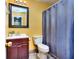 Bathroom with hardwood floors featuring a toilet, vanity, and a shower with a blue shower curtain at 2326 Nicole Dr, Hampton, GA 30228