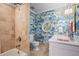Bathroom featuring unique wallpaper, round window, shower and marble countertop at 3251 Pinestream Nw Rd, Atlanta, GA 30327
