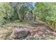Secluded backyard featuring mature trees, lush vegetation, and a rock feature at 3517 Ridgemill Cir, Dacula, GA 30019