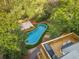 Aerial view of backyard featuring a swimming pool, deck, and greenery providing a private outdoor space at 582 Lakeshore Ne Dr, Atlanta, GA 30307