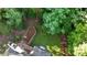 Aerial view of manicured backyard with wooded perimeter and retaining wall at 3510 Woodbury Creek Dr, Cumming, GA 30041
