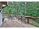 Back deck with a bar height table and chairs overlooks a green, wooded backyard at 3510 Woodbury Creek Dr, Cumming, GA 30041