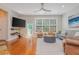 Living room with hardwood floors, modern furniture, television, and access to the outdoors at 3799 Chattahoochee Summit Se Dr # 5, Atlanta, GA 30339