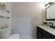 Modern half bathroom with white and gray finishes, contemporary fixtures, and glass shelving at 41 Basswood Cir, Sandy Springs, GA 30328