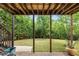 Covered patio area with string lights offering a relaxing view of the landscaped backyard and mature trees at 1274 Ridge Vista Ct, Lawrenceville, GA 30043