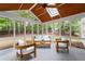 Inviting screened porch with wooden seating, a fan, and views of the backyard at 605 Buttercup Trce, Johns Creek, GA 30022