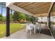 Relaxing covered patio with a dining set, fan, recessed lighting, and a spacious backyard at 2385 Nesbitt Dr, Brookhaven, GA 30319
