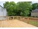 Backyard view from wooden deck with railings, offering an outdoor retreat overlooking the green space at 101 Misty Valley Dr, Canton, GA 30114