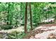 Beautiful wooded backyard featuring a gentle creek and seating area, blending nature and comfort at 2682 Boulder Creek Ne Dr, Roswell, GA 30075