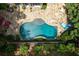 Aerial view of outdoor living space featuring pool, stone patio, grill, and lounge seating at 4101 Rickenbacker Ne Dr, Atlanta, GA 30342