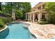 Backyard pool features stone surround, outdoor fireplace and covered patio at 4101 Rickenbacker Ne Dr, Atlanta, GA 30342