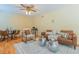 Cozy living room with modern furnishings, ceiling fan, hardwood floors, and area rug at 6825 Castleton Dr, Atlanta, GA 30328