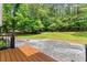 Expansive backyard featuring a brick paver patio with wood deck, landscaping, and a chain-link fence at 5902 Wills Orchard Rd, Cumming, GA 30040