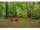 A backyard fire pit with red Adirondack chairs surrounded by lush greenery at 1384 Independence Way, Marietta, GA 30062
