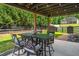 Covered patio with outdoor dining table and chairs in a landscaped backyard at 501 Rabun Ct, Canton, GA 30115