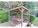 Outdoor hot tub surrounded by wooden deck, lattice railing, and lush landscaping at 6006 Lanier Heights Cir, Buford, GA 30518