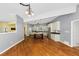 Wide angle of eat-in kitchen boasts hardwood floors and stainless appliances at 4820 Yeager Rd, Douglasville, GA 30135
