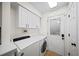 Bright laundry area with white appliances, door, and overhead cabinets at 76 Forrest Pl, Atlanta, GA 30328