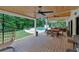 Spacious covered patio with wooden ceiling, ceiling fans, seating and dining areas, and views of the pool at 1421 Hendon Rd, Woodstock, GA 30188