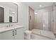 Modern bathroom featuring a glass shower enclosure, a sleek vanity, and tiled walls at 4785 Merlendale Ct, Atlanta, GA 30327