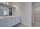 Modern bathroom with double sink vanity, large mirror, and closet entrance, providing ample space at 266 Tulip Dr, Covington, GA 30016