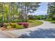 Long, curving driveway leading to a beautiful home surrounded by mature trees and colorful landscaping at 1292 Green Turf Dr, Snellville, GA 30078