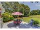 Outdoor patio area with an umbrella table and chairs set, surrounded by lush greenery and mature trees at 1292 Green Turf Dr, Snellville, GA 30078
