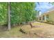 Backyard showcasing the home's exterior, tall trees, and a fenced yard at 1335 Vine Cir, Mcdonough, GA 30253