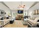 Bright living room featuring a stone fireplace, vaulted ceilings, neutral paint, and stylish furnishings at 827 Pinehurst Dr, Woodstock, GA 30188