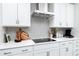 Kitchen featuring stainless steel appliances, gray backsplash, white cabinets, and modern fixtures at 1781 Jordan Brook Dr, Lawrenceville, GA 30043