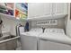 Efficient laundry room with built-in shelving and cabinets above the washer and dryer for ample storage at 1280 Sherry Dr, Alpharetta, GA 30009