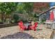 Inviting brick patio with red chairs, string lights, a fire pit, grill, and wooden fence at 1280 Sherry Dr, Alpharetta, GA 30009