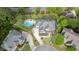 Aerial shot of home showcasing a private lot, pool, mature trees, and prime neighborhood location at 212 Fernwood Pl, Woodstock, GA 30188